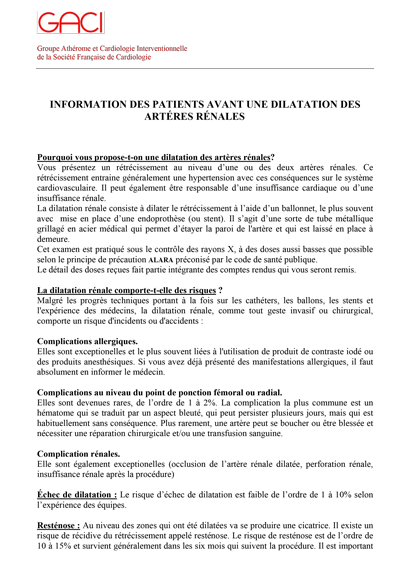 SFC - Informations et consentement Avant dilatation artères rénales