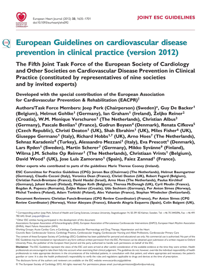 SFC - Recos ESC - Cardiovascular disease prevention in clinical practice 2012
